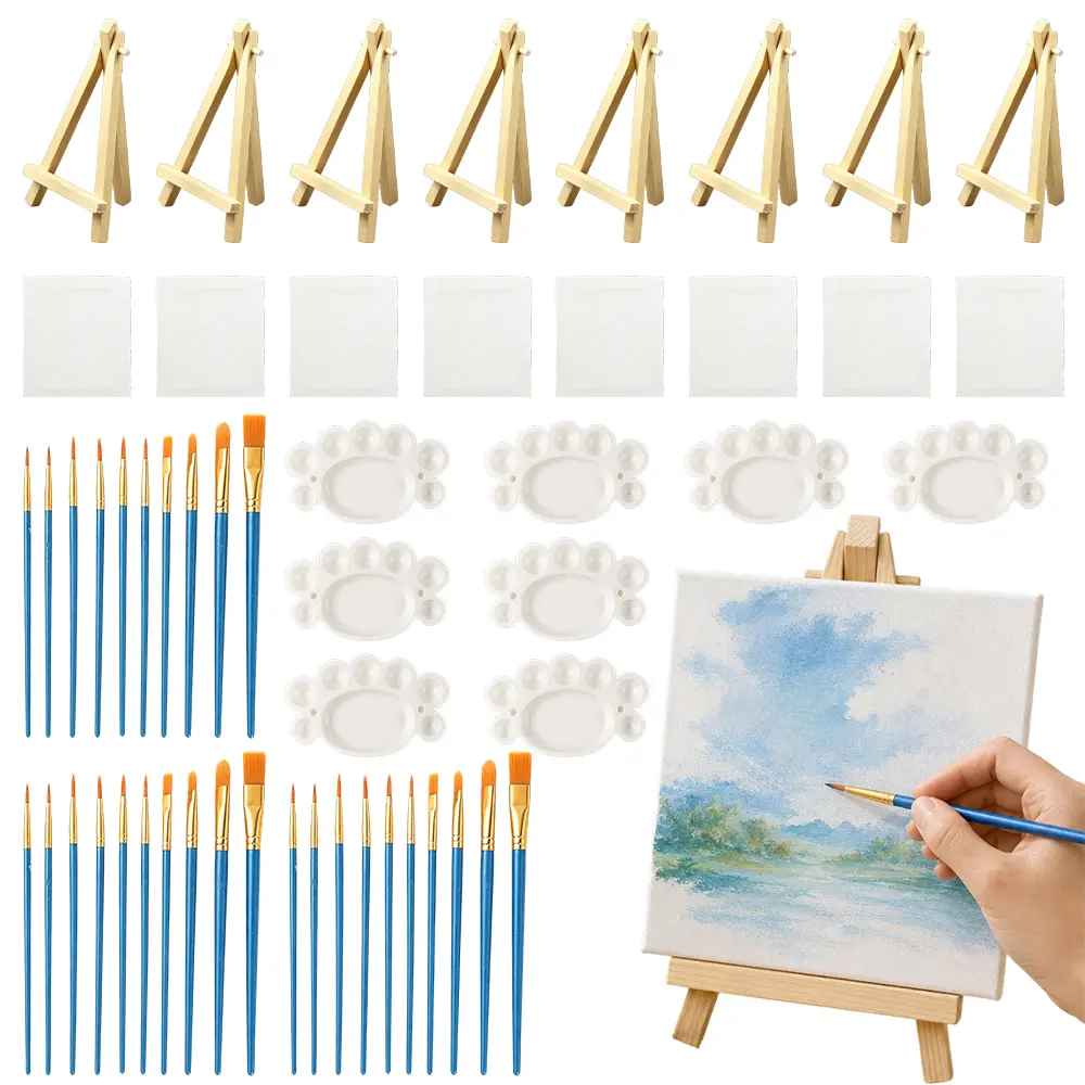 54-Piece Mini Canvas Easel DIY Kit - Includes Small Wooden Easel, Small Canvas, Paintbrush, Plastic Color Palette - For Children, Novice Painters for Hand Drawing, Desktop Mini Sketching