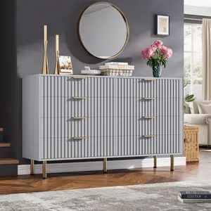 Grey 8-Drawer Dresser for Bedroom, 55" Wide Modern Wooden Chest of Drawers with Metal Handles, Anti-Tip Design, Sturdy Storage Organizer for Living Room, Entryway, Hallway, Kids Room & Home Office