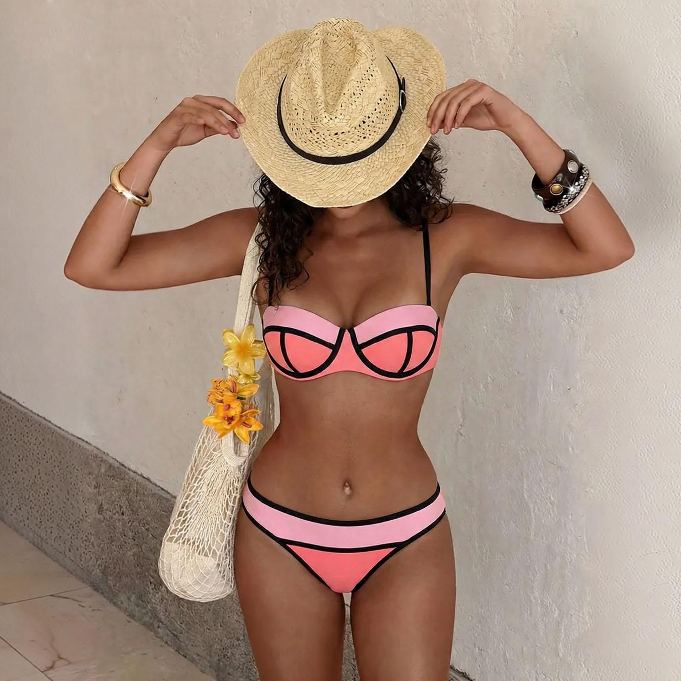 LikeMyChoice 2-Piece Color-Block Bikini Set 90s Retro Sporty Strappy Swimsuit with Contrast Trim Minimalist Pink & Blue Swimwear for Beach Pool & Summer Vacation