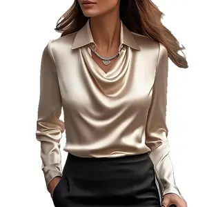 Women's Satin Swing Collar Draped Pullover - Long-Sleeve Elegant Solid Office Blouse, Spring Casual Top