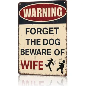 "Forget The Dog Beware Of Wife" Funny Marriage Humor Metal Sign - 8x12 aluminum home decor for entryways, man caves, or TikTok marriage skits! perfect for viral marriage humor content and gift unboxings for spouses