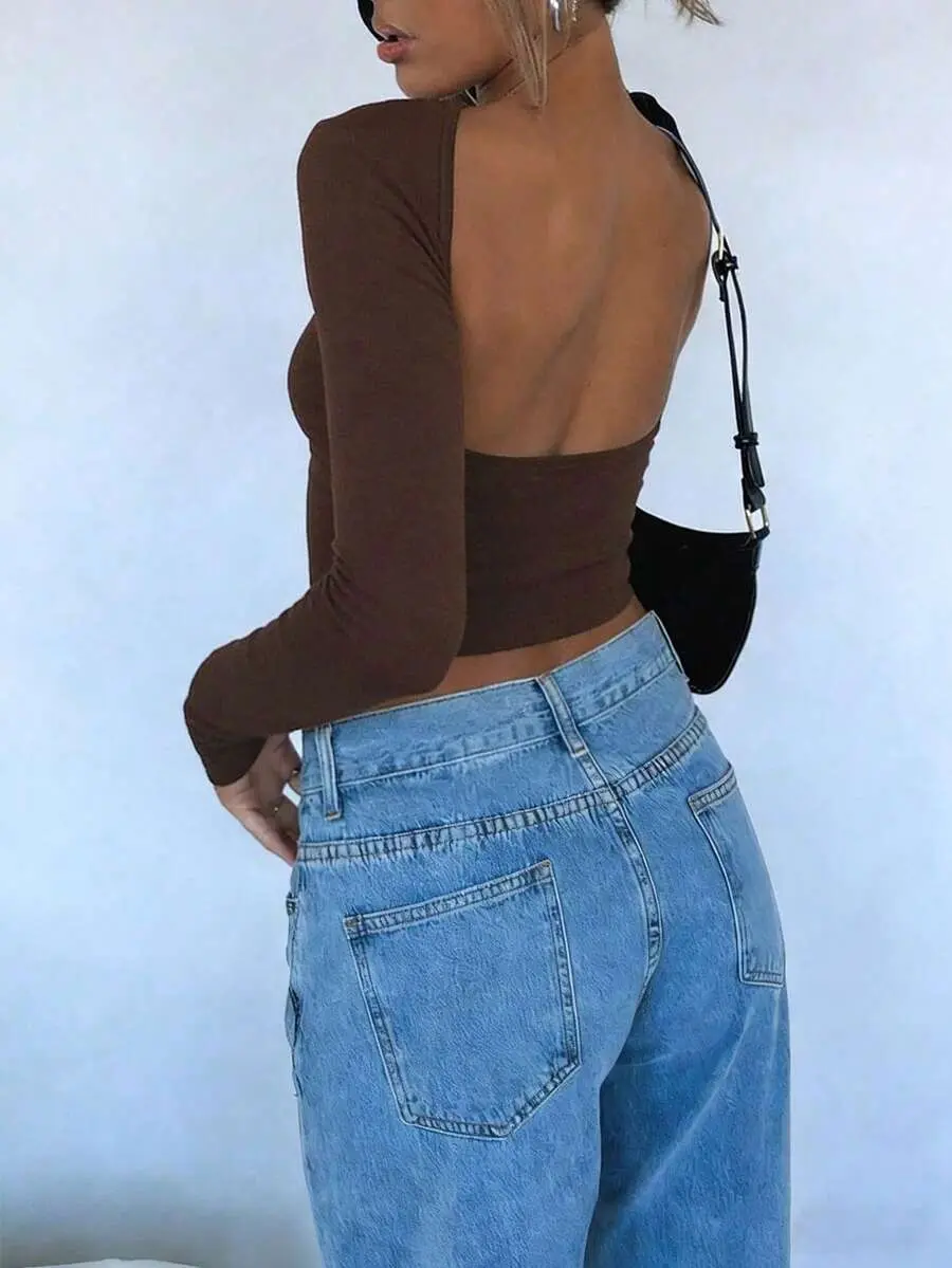 Women's Fashionable Sexy Solid Color Backless Cropped T-Shirt