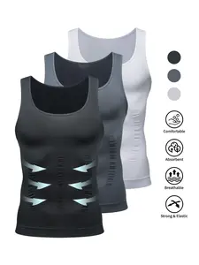 Men's Shapewear Sports Vest Set, Slimming Compression Abdomen Top, Sporty Style, Plain Pattern, All Seasons, Without Zipper and Collar