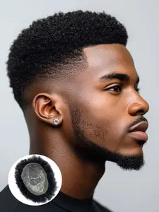 Men's Toupee Afro Curly Puff Hair Systems, Human Hair Biological Scalp Ultra Thin Skin PU Base V-looped Men‘s Wigs 6 Inch Fluffy and Bouncy Hairpiece Breathable Puff Hair System(5*7/6*8/8*10 Inch, Black)