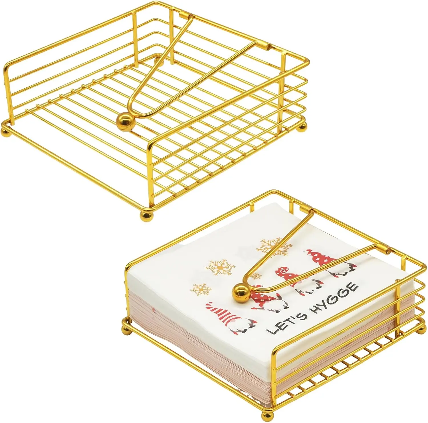 2 Pcs Napkin Holders for Table, Metal Flat Serviette Holder with Weighted Arm, Paper Napkin Holder Dispenser for kitchen Home Restaurants Cafes Weddings Bar (Gold)