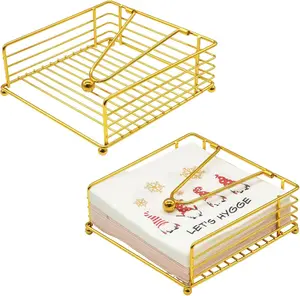 2 Pcs Napkin Holders for Table, Metal Flat Serviette Holder with Weighted Arm, Paper Napkin Holder Dispenser for kitchen Home Restaurants Cafes Weddings Bar (Gold)
