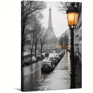 1 Piece Framed Paris Black and White Wall Art - Eiffel Tower Rainy Street Scene Photography, Vintage French City Scenery Canvas Print, Home Office Decoration, Home Decor Accessory, Monochrome Paris Photo Gift, Suitable for Christmas, Durable Frame
