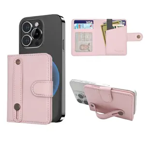 Magnetic Phone Card Holder for iPhone 17/16/15/14/13/12 Pro Max Plus, Rfid Shield, Holds 5 Cards, Finger Loop, Stand Function, Leather, Gift Box