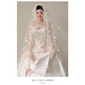 Forest-style Ethereal Long Train Wedding Veil - Sweet Floral High-end Bridal Headwear for Weddings - Extra-long Train Veil as Studio Photography Prop