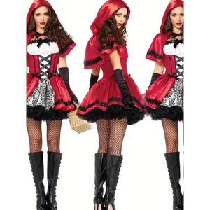 Adult Little Red Riding Hood costume with hooded shawl cape and dress — burgundy & black fairy tale outfit for themed parties and role play; easy care, low-maintenance costume; princess Halloween costumes; princesses’ Halloween costume; enchanted costume