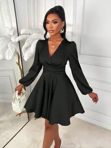 Women Elegant Solid Color V-Neck Slim Fit A-Line Puff Sleeve Satin Glossy Short Dress