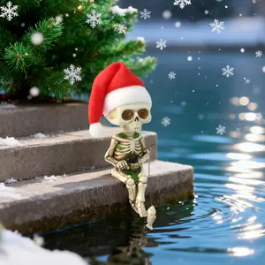 1 fishing skeleton statue wearing a Christmas hat, Halloween, Christmas holiday decoration, resin ornament, suitable for home courtyard garden flower pot fish pond decoration, aquarium theme decoration, DIY decoration, Ornaments Decor