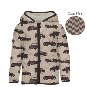 Print Quilted Jacket with Sherpa-Lined Hood in Burlap Vintage Cars/Herringbone