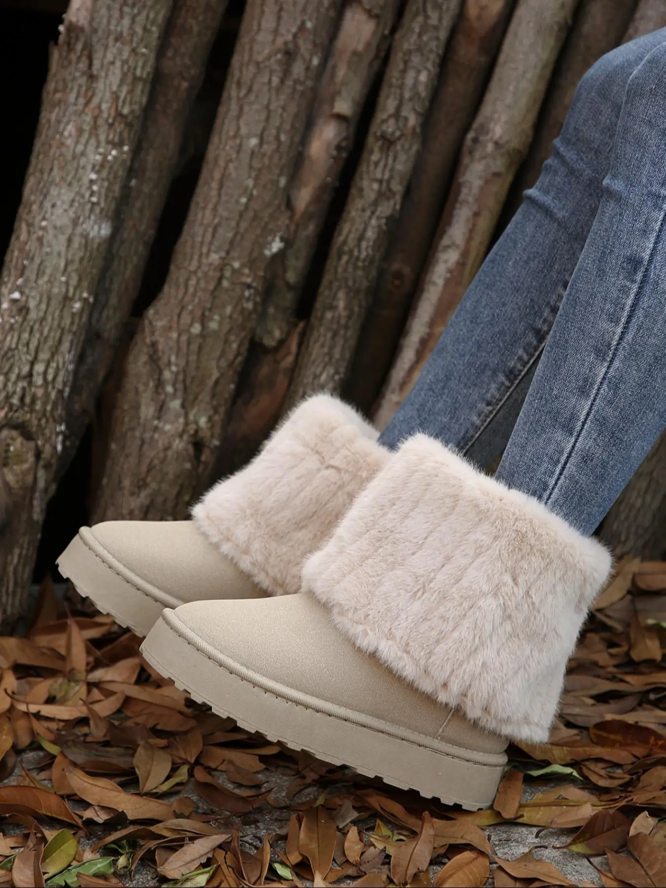 Women's Solid Color Plush Lining Snow Boots, Casual Comfortable Round Toe Warm Faux Fur Boots for Winter, Fluffy Winter Shoes for Indoor and Outdoor