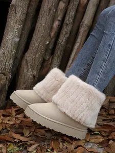 Women's Solid Color Plush Lining Snow Boots, Casual Comfortable Round Toe Warm Faux Fur Boots for Winter, Fluffy Winter Shoes for Indoor and Outdoor