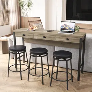 3-Drawer Dining Table with Power Outlets, Bar Kitchen Set & Circular PU Stools, Easy Assembly Brown Gray & Black