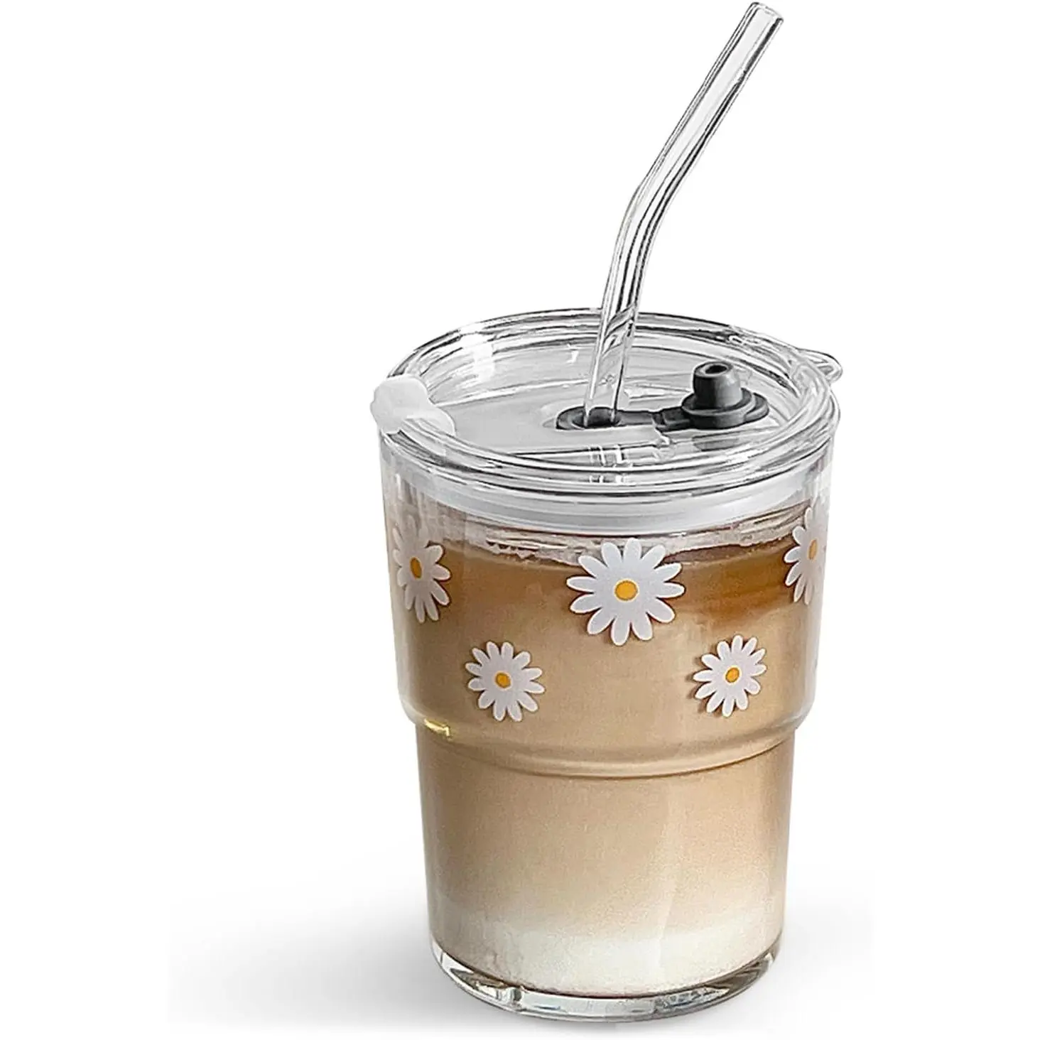 13oz Amber Daisy Flower Print Reusable Glass Tumbler Set (0-500ml, 15oz Variant) - Bow Accent, Prop 65 Safe, Washable, Portable, Straw & Lid Included, Ideal for Coffee Lovers, Drinkware, Amber - 13Oz, Reusable Set