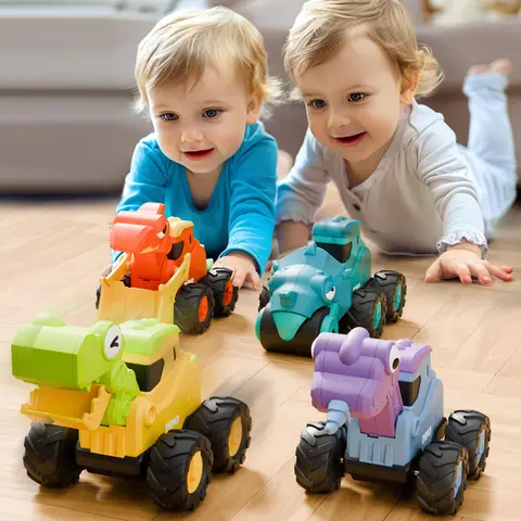 Dinosaur Truck Toys for Toddlers, Boys Dinos Press Go Racing Cars, Kids Construction Sandbox Vehicles Playset, Baby Push Go Friction Car Set, Birthday Gift for 18 Month 2 3 4 5 Years Old