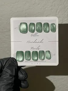 Mint Green Light Bulb Short Glazed Donut Chrome Velvet Cateyes  Acrylic Press-On presson Aesthetic Square Oval Squoval Waterproof Long-lasting Affordable Cheap High Quality Art