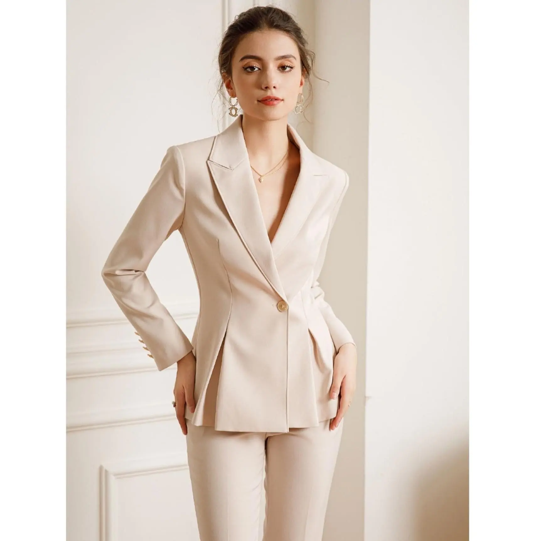 Beige Single Button Pantsuit and Skirtsuit