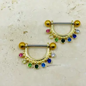 14G Gold Multicolor Gem Nipple Barbells, Fancy Colorful Beaded Dangle Decor Nipple Piercing Jewelry Female