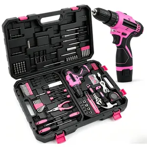 152 Piece Home Tool Kit 12V Cordless Drill Pink Includes Screwdriver Hammer Pliers for Home Improvement