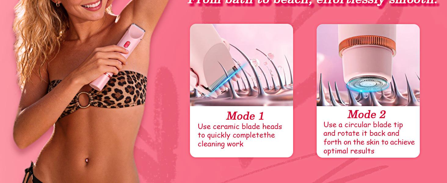 Bikini Trimmer for Women, Electric Shaver and Razor Rechargeable 2-in-1 Body and Facial Epilator, Dual Heads for Painless Trimming of Pubic Hair, Face, Underarms and Legs, Summer Gift dual-head