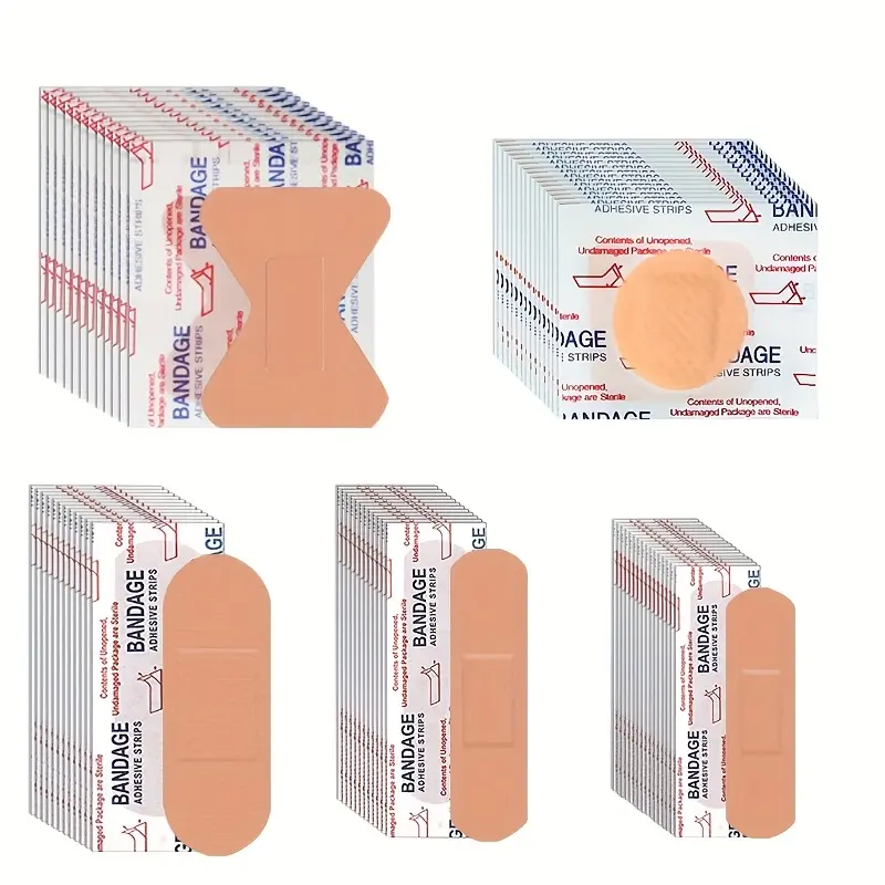 200pcs Assorted Fabric Bandages - 5 Shapes Mixed Adhesive Plaster, Waterproof Sterile Breathable Latex-Free First Aid Strips for Wound Cover
