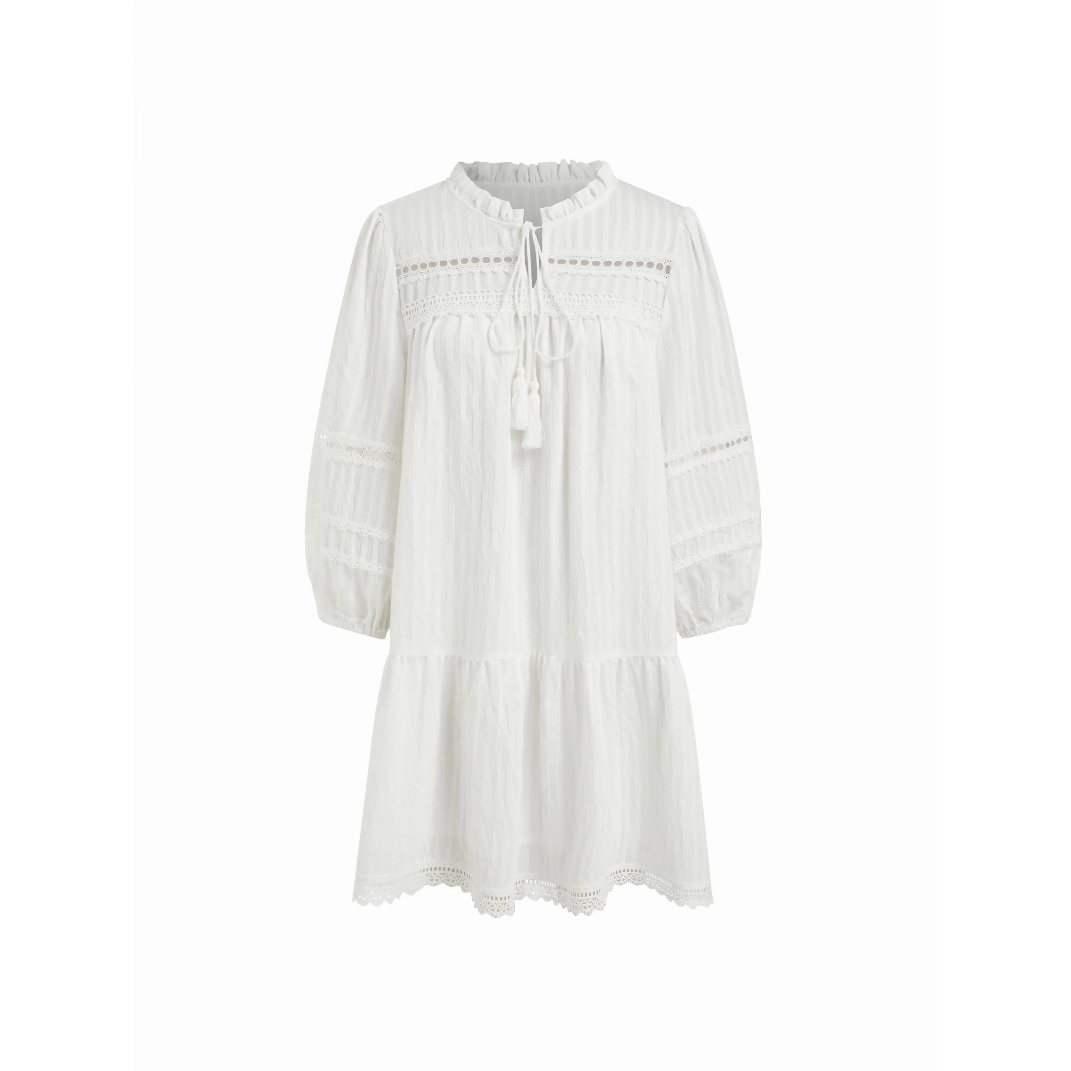 Cider Cotton Puff Mandarin Collar Sleeve Knotted Smock Midi Dress