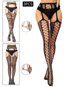 3 Pairs Women Black Fishnet Stockings With Garter Belt, Hollow Out High-Waisted Fishnet Tights, Sexy Fishnet Bodysuit, Sheer & High Elastic Garter Fishnet Stockings, Suspender & Fishnet Tights, Crotchless Pantyhose, Long Legs Hosiery