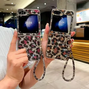 Sparkling Leopard Print Flip Phone Case for Samsung Zflip3/4/5/6/7, Full Coverage Protection with Lanyard Bracelet Strap