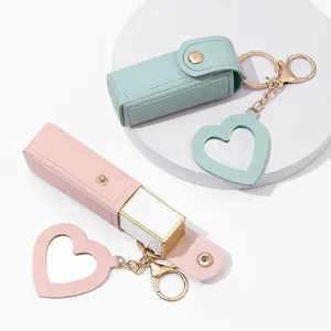 4 Pack Dual Layer Leather Lip Balm Case, Portable Keychain Lipstick Holder with Mirror, Mini Travel Cosmetic Storage Pouch for Women Girls, Fits Lipstick Within 0.98 Inch Diameter, Multi-purpose Small Organizer Bag with Heart Pendant