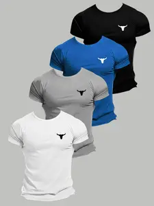 4 Piece Basic Casual Menswear Short Sleeve Set, Daily Commute Wear, Simple Trendy Bull Design, Soft Comfortable Fabric, Unisex, All Seasons