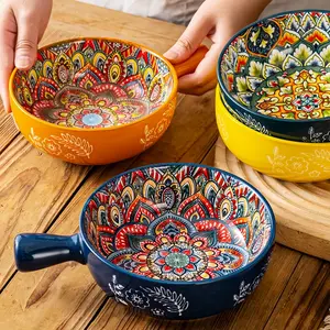 Bohemian Style Embossed Ceramic Material Bowls Set of 4, Glazed Salad Dessert Bowl, Home Breakfast Tea Party Dishes, Kitchen Tableware, Cereal Bowls Set