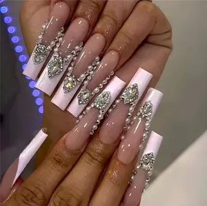 24Pcs Long Square Press on Nails Pink French Tip Fake Nails with Silver Rhinestones, Flower Full Cover Tips, Glue on Nails, Butterfly Charms Design
