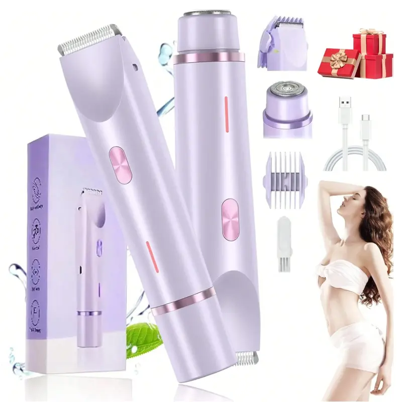 Women's Cordless Rechargeable Stainless Steel 2-in-1 Dual-Head Electric Bikini Trimmer - Personal Care Gadget, Dry/Wet Safe, Hypoallergenic Skin-Friendly, Smooth Shave, Home Haircut, Travel-Ready Waterproof Appliance