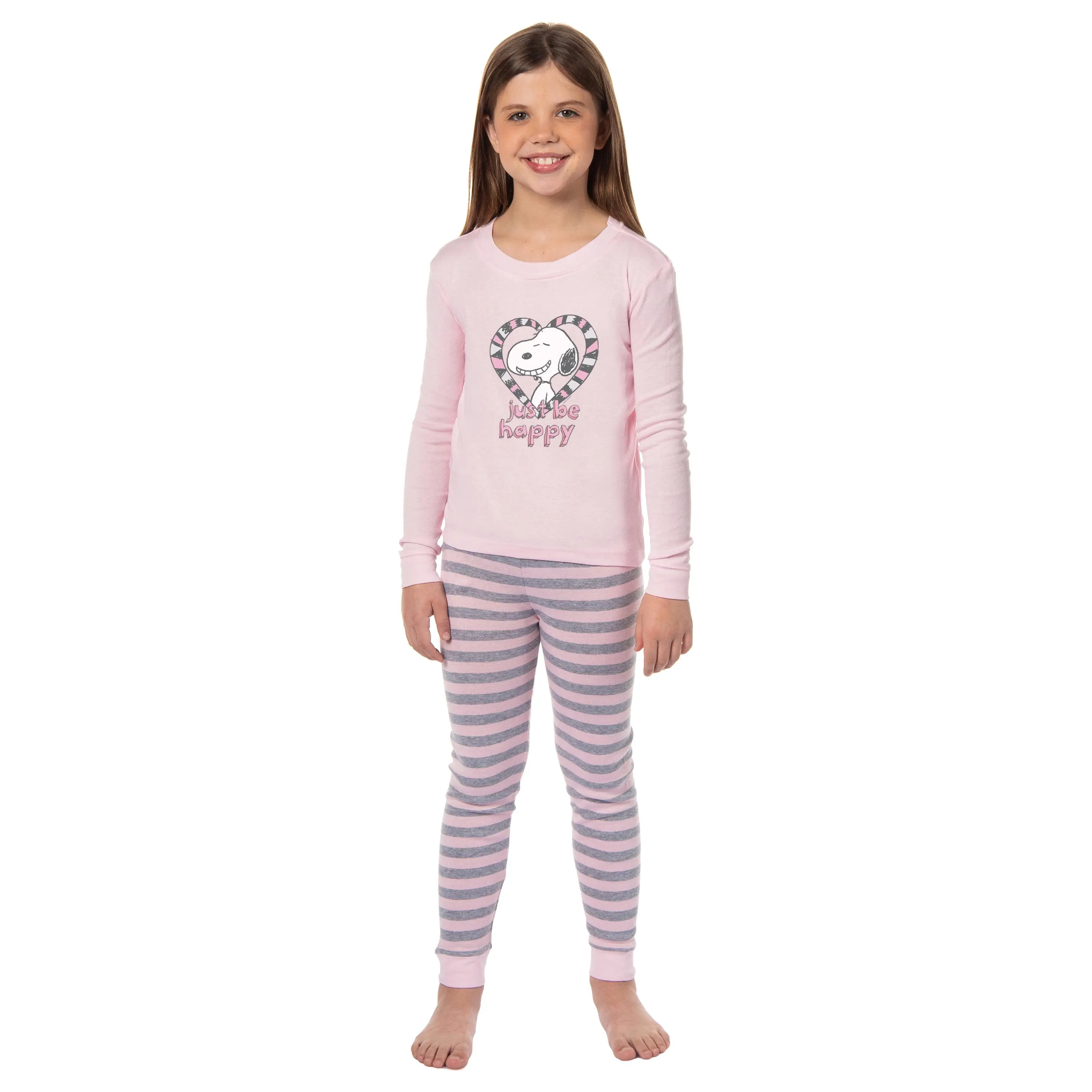 PEANUTS Girls' Pink Snoopy "Just Be Happy" 2-Piece Casual Comfy Pajama Set, Kids' Pajama Outfit & Sleepwear, Pajama Sleepwear