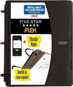 Five Star Flex Refillable Notebook with Study App, 200 Sheet Capacity, Black