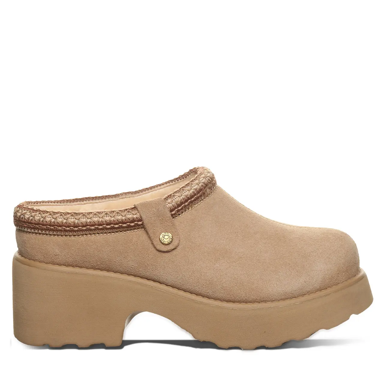BEARPAW Haven Women's Suede Fleece Lined Clog Heels - Toffee