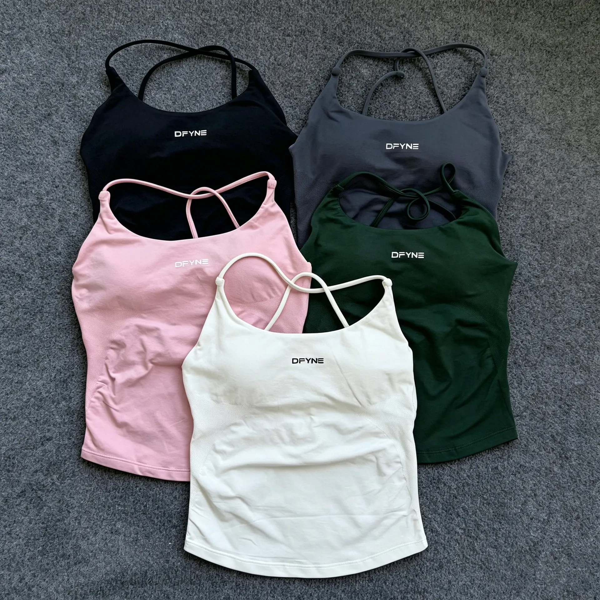 DFYNE Women Thin Spaghetti Strap Cross Back Sports Bra Tank, Shock Absorbing Bust Lift Padded Workout Cami, Breathable Support Top for Yoga Running Gym Outdoor Fitness