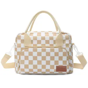 Lunch Bag Women Lunch Box for Women Adult Cute Insulated Lunch Bag Lager Cooler Lunch Tote Bags for Work Picnic (Beige-Brown Plaid)