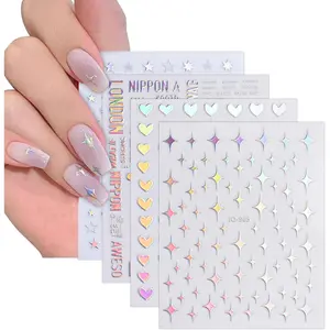 Nail Sticker, 14 Sheets Self-Adhesive Glittering Silver Decals, French, Star, and Heart Designs, Nail Art Decoration