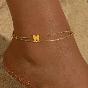 Elegant Stainless Steel Ankle Chain, Layered Bead Chain with Butterfly Design, Suitable for Wedding Banquets, Holiday Parties, and Beach Vacations By The Sea