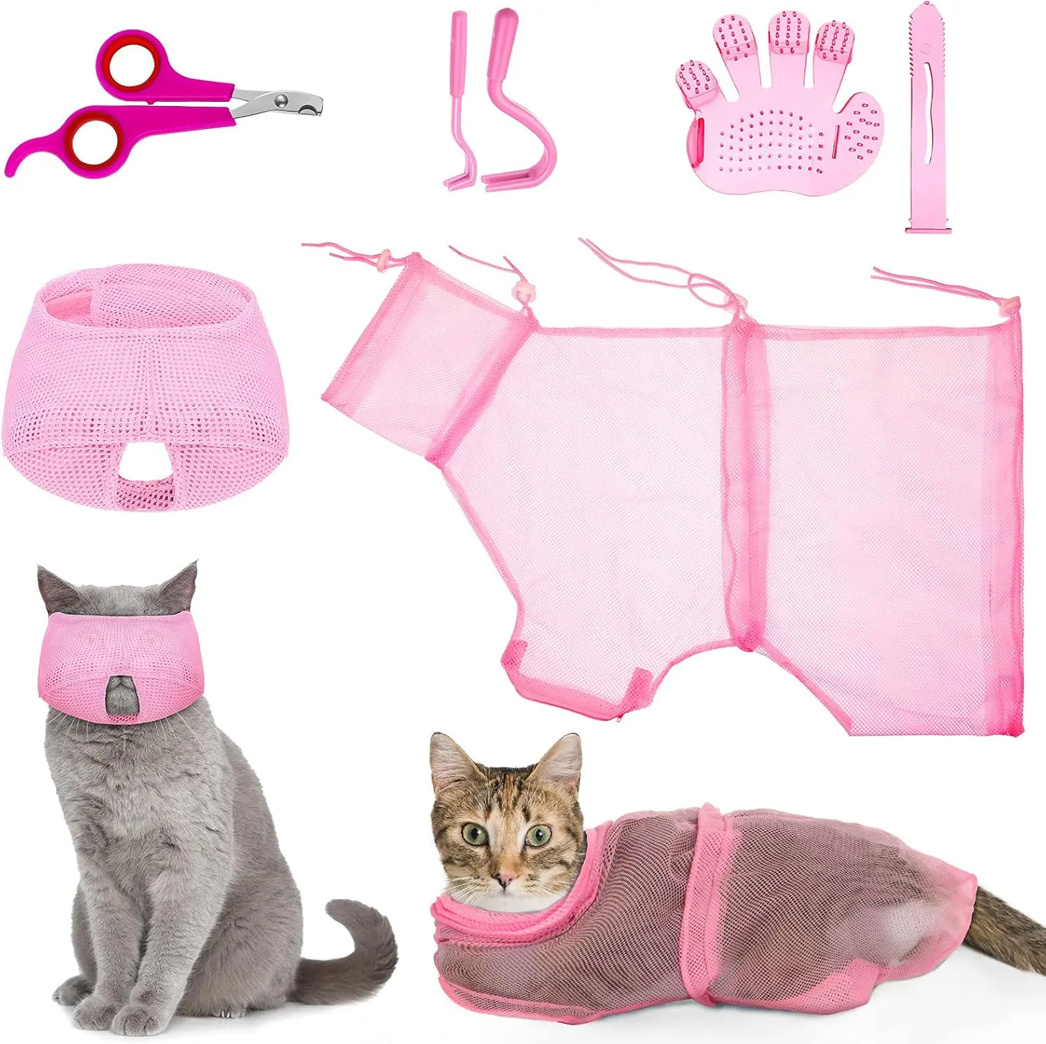 5-Piece Cat Bathing Bag Set – Adjustable Pet Grooming Bag with Shower Net, Muzzle, Nail Clipper, Tick Remover, and Massage Brush – Complete Cat Grooming Kit for Stress-Free Bathing, Nail Trimming, and Fur Care at Home
