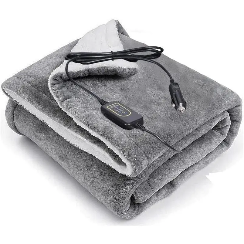 EZONE 12V Electric Heated Car Blanket Portable Heated Throw Blanket for for Car, Truck, SUV, or RV Camping Essentials 3-Heat Remote 12-Volt Plug in Heated Electric Fleece Blanket (Grey)