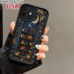 Creative and fashionable moon bookshelf pattern Case for iPhone 16 15 14 Pro Max 13 12 11 XR XS Plus Shockproof Drop Protection Rugged Durable Silicone Cover