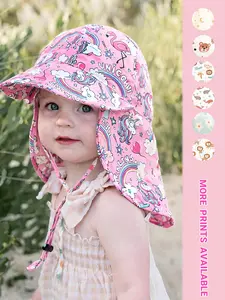 1pc And Neck Flap Sun Bucket Hat, Sunhat, Unicorn Bear Dinosaur Floral Print Wide Brim Hat with Wind String, for Spring Summer Boys And Girls, Ideal for Daily Wear, Beach Vacation And Outdoor Play, Perfect Gift for Kids