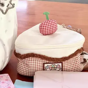 Cute Cherry Cake Color Block Plaid Large Capacity Makeup Bag, Makeup Organizer, Portable Travel Handbag, Washroom Camera Storage Bag, Perfect Gift