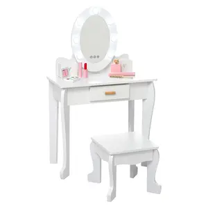 GARVEE Wooden Vanity Set with Lighted Mirror, Chair, and Storage Drawer - Pretend Makeup Playset with Stool, Dressing Table for Playroom, Birthday Gift, White Finish