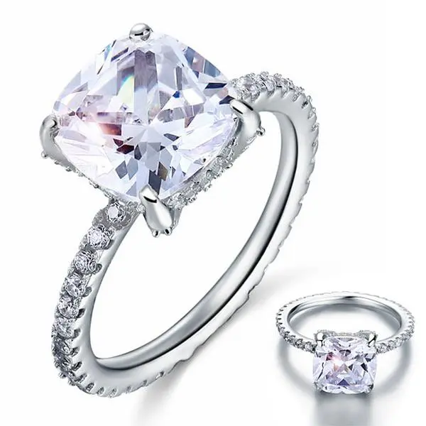 High Quality 5 Carat Cushion Cut Simulated Diamond Ring, Solid 925 Sterling Silver Solid Metal Jewelry for Adults, Size 8 Wedding Engagement Promise Ring, Anniversary, Elegant Silver Rings